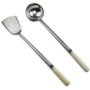 Set Cucharon / Espátula Largos Para Wok Acero Inoxidable